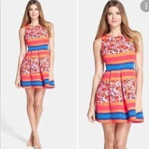 Plenty by Tracy Reese Stripe & Floral Print Pleated Fit and Flare Dress